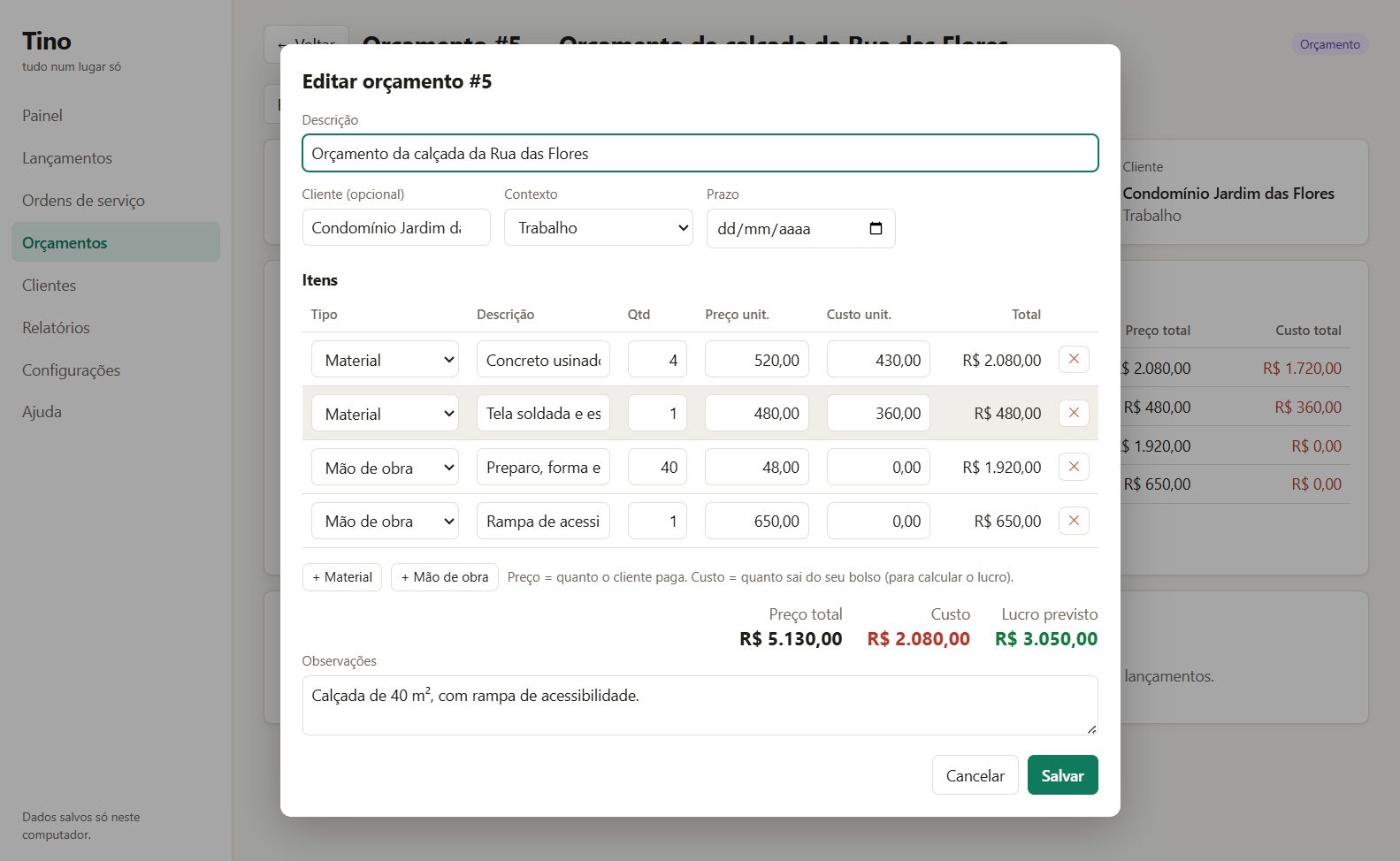 Editor de orçamento