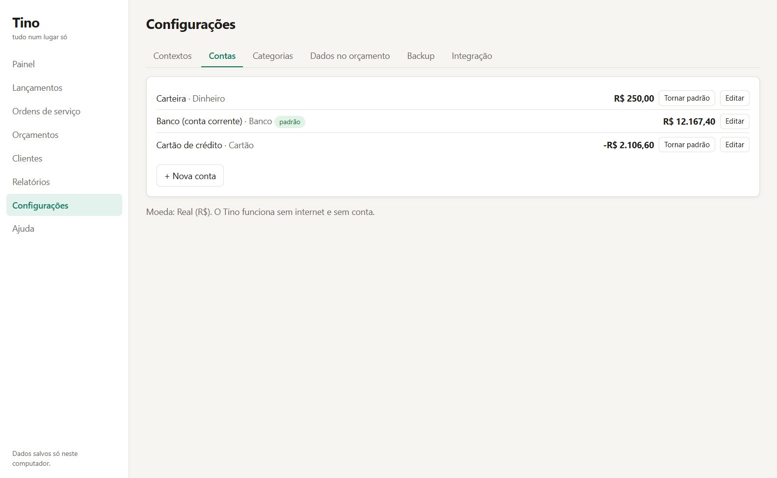 Configurações de contas