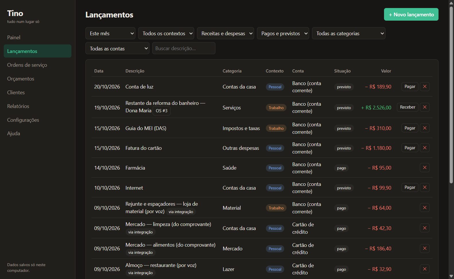 Lista de lançamentos do Tino com filtros e totais.