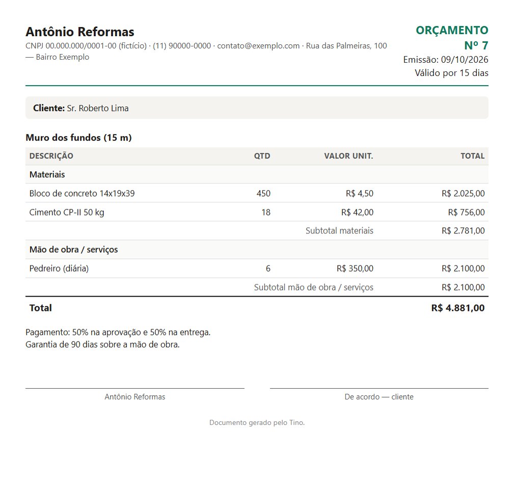 PDF de orçamento gerado pelo Tino, com materiais, mão de obra e total.